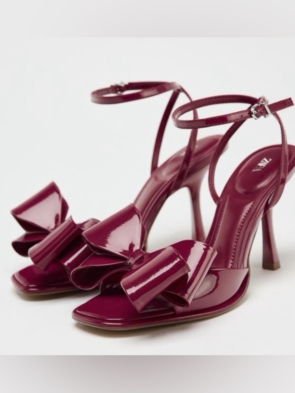 Zara Patent Burgundy Bow Ankle-Strap High Heel Sandals Size 10